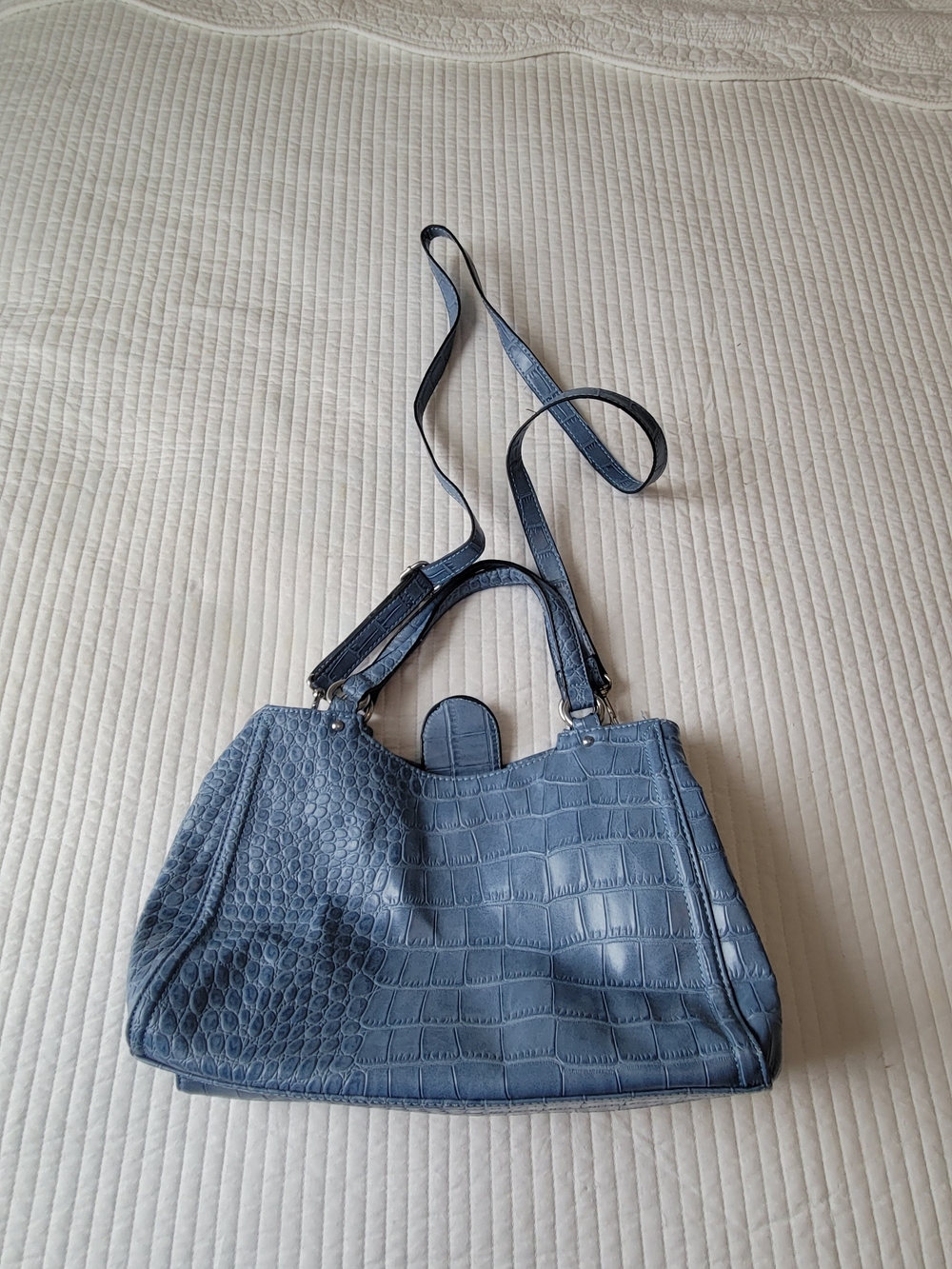 Blue Croc-Embossed Shoulder Tote Bag